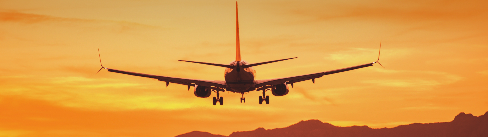 Image of a plane landing with a orange sunset in the background