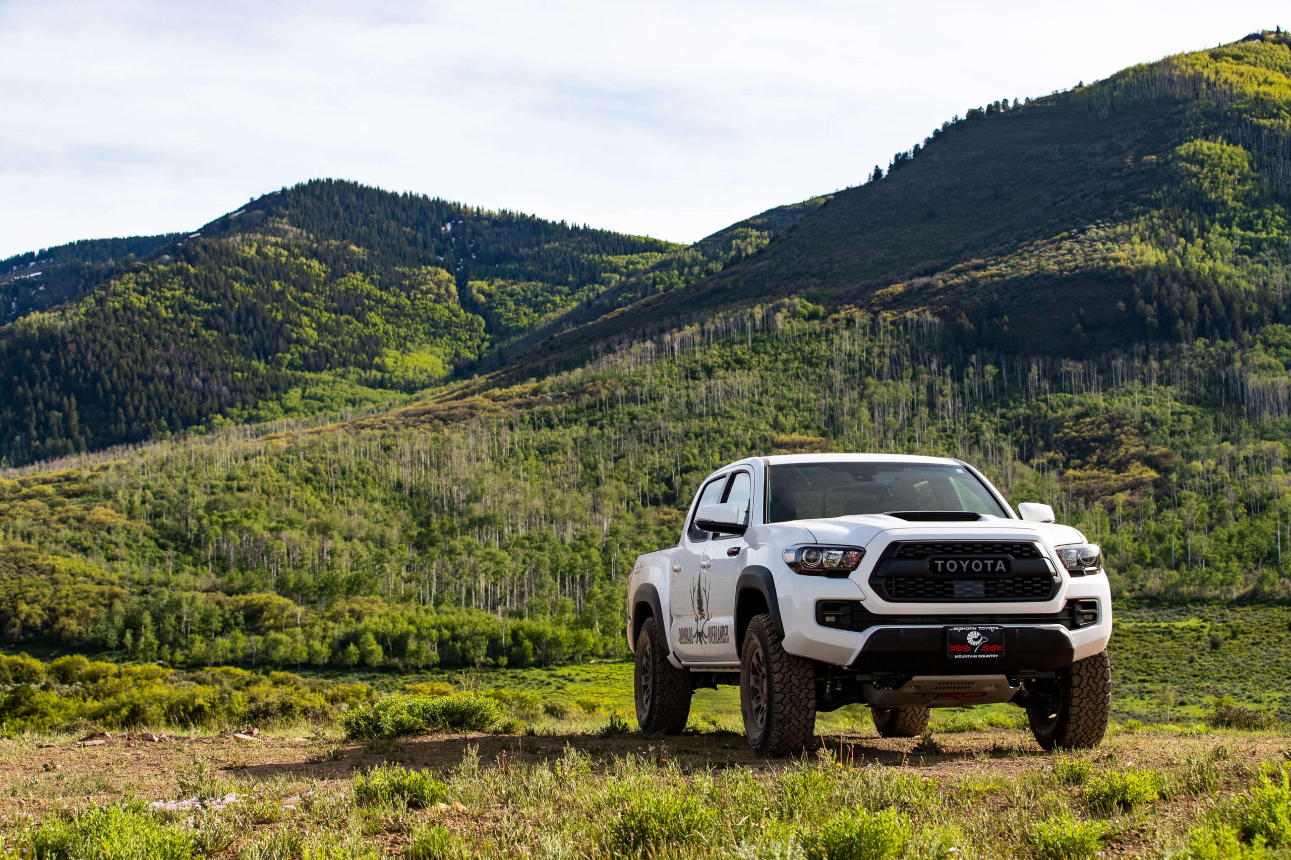 Image of the Toyota Tacoma staged in front of a green forest in the mountains