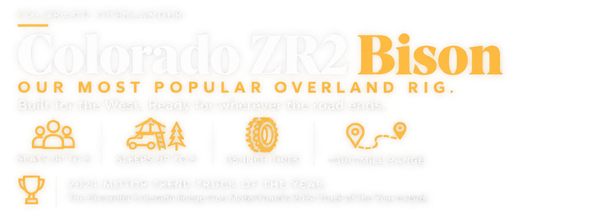 Colorado ZR2 Bison overland rental highlights, including seating and sleeping for five, 35-inch tires, and 300-mile range.